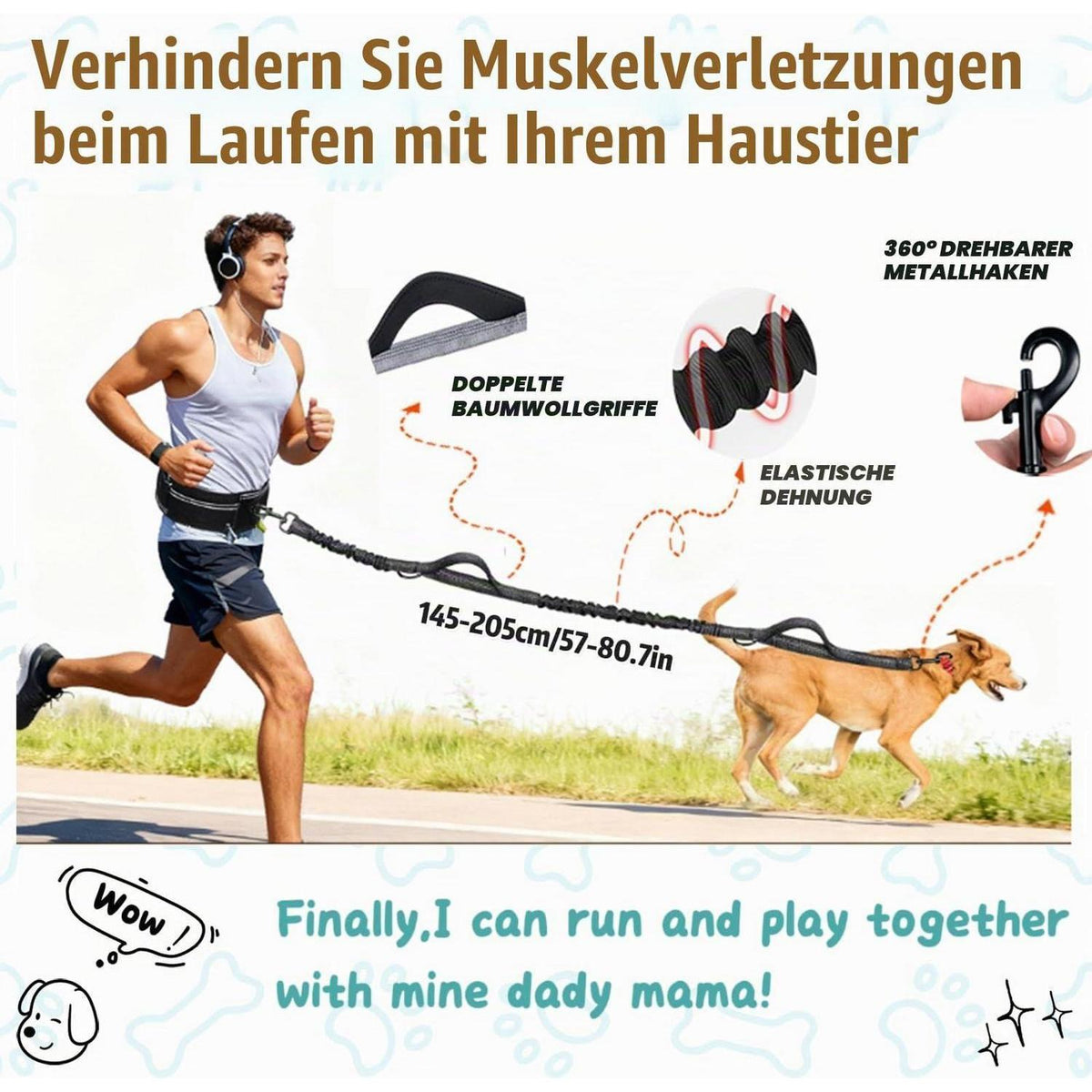 Freihand Hundeleine mit Taillenbeutel & Kotbeutelspender