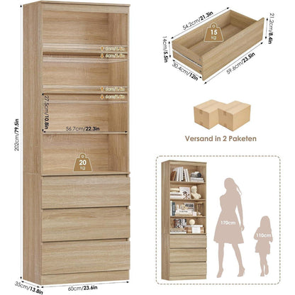 Bücherregal Hochschrank mit Schubladen & Ablagen – Eiche