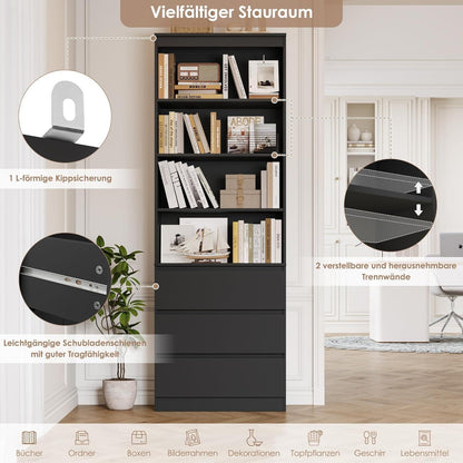 Bücherregal Hochschrank mit Schubladen & verstellbaren Ablagen