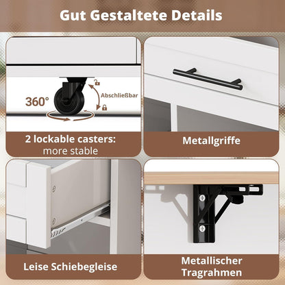 Kücheninsel mit Klappplatte & Weinregal – Weiß 138x45x92cm