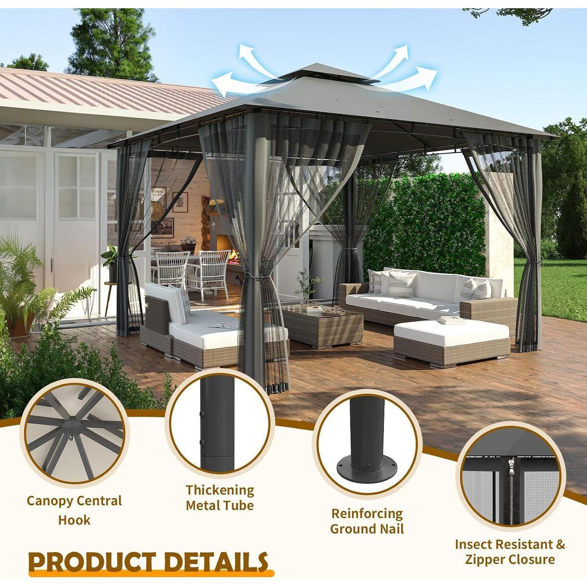 Gartenpavillon 3.4x3.4m – Wasserdicht, Stabil & Mit Moskitonetz