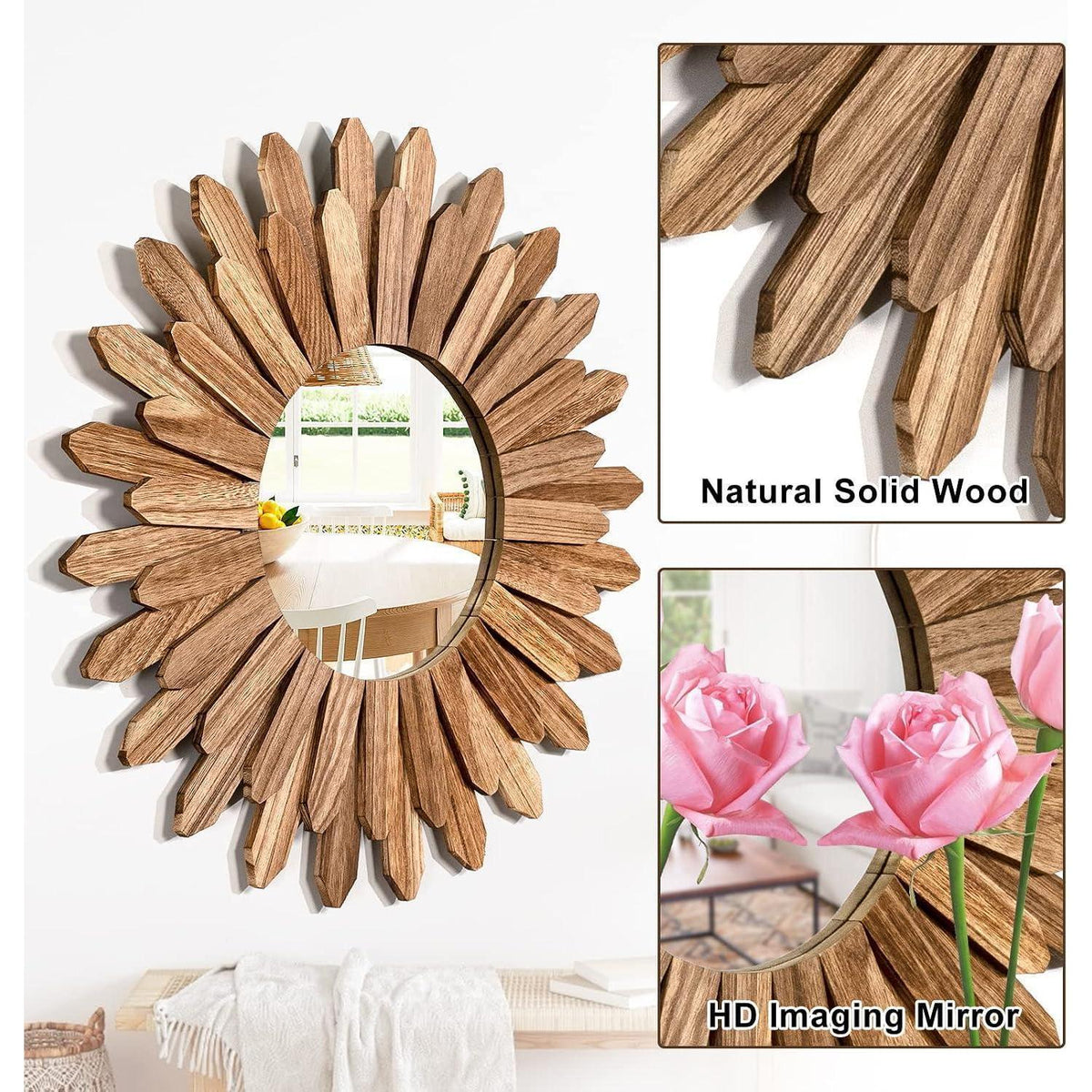 Boho Wandspiegel Holz rund – Dekorative Wanddeko Vintage Braun