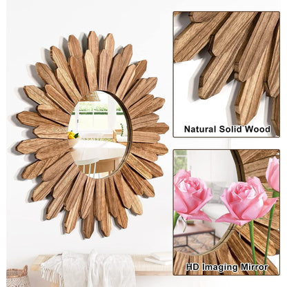 Boho Wandspiegel Holz rund – Dekorative Wanddeko Vintage Braun