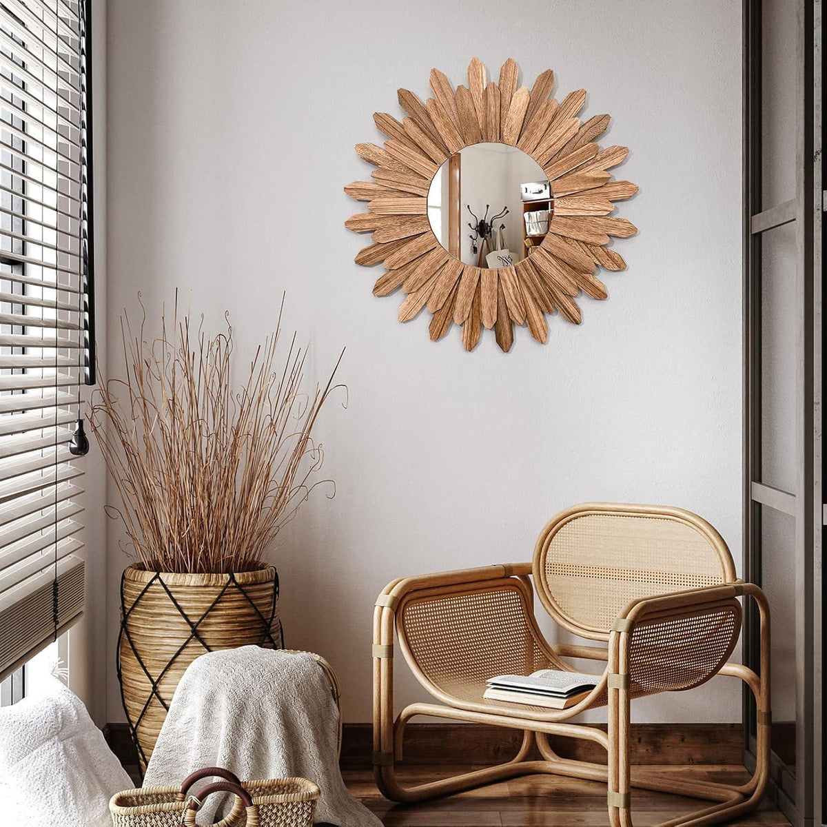 Boho Wandspiegel Holz rund – Dekorative Wanddeko Vintage Braun