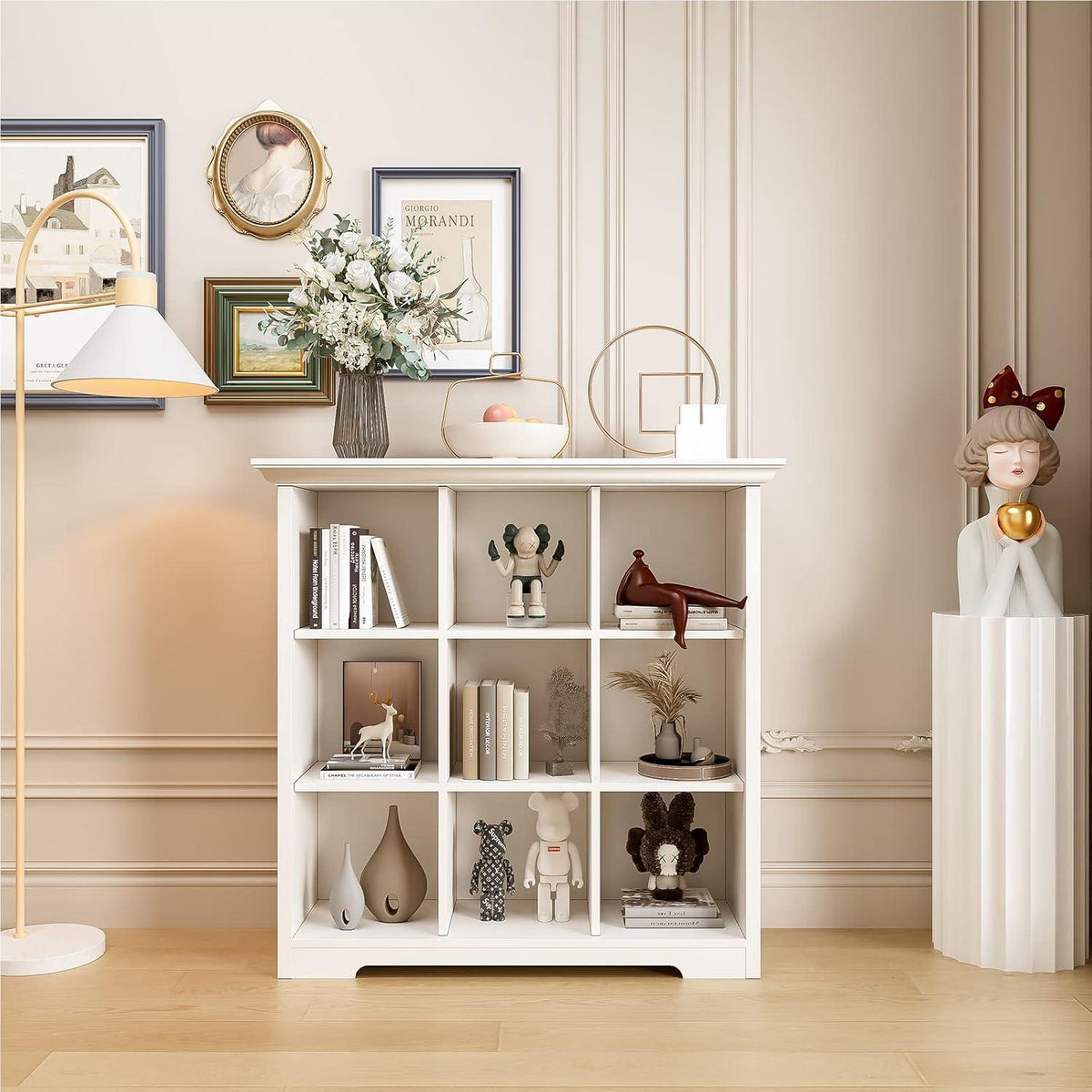 OSCHF 9-Fächers Bücherregal mit Sockel – Weißes Holzregal für Wohnen & Büro