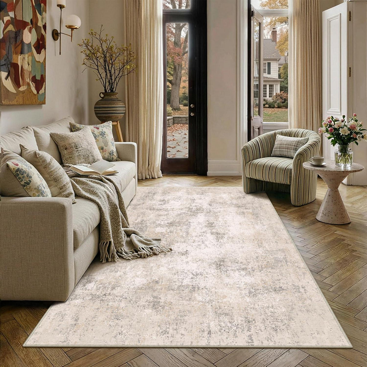 Abstrakt Wohnzimmer Teppich Creme 150x210cm Waschbar Rechteckig