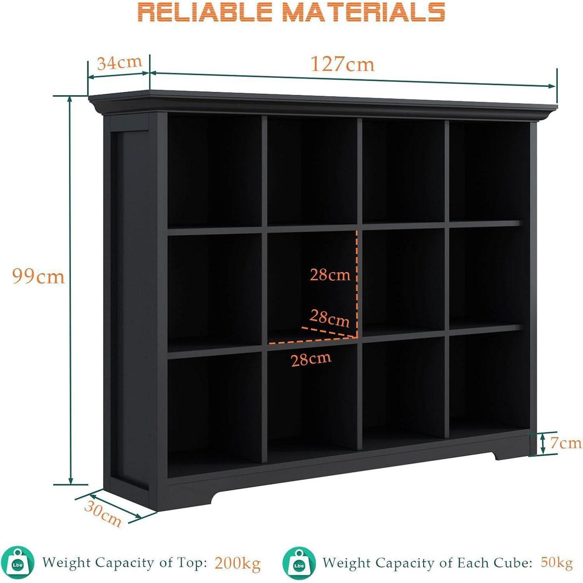 OSCHF 12-Fächer Bücherregal mit Sockel – Modernes Holzregal Schwarz