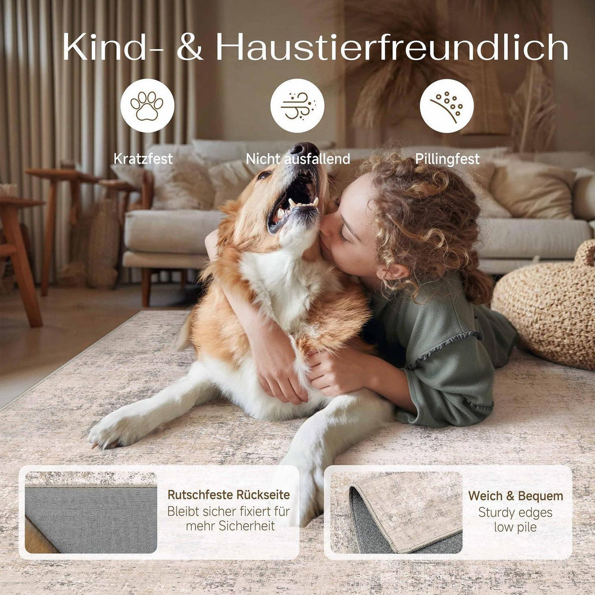 Abstrakt Wohnzimmer Teppich 240x300cm Creme Beige Rechteckig Waschbar