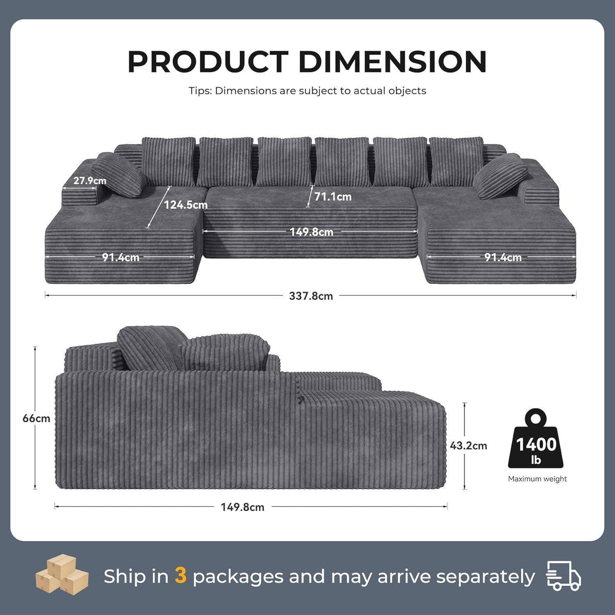 Modulare U-förmige Couch – 3-Sitzer, Grau, Boneless Design