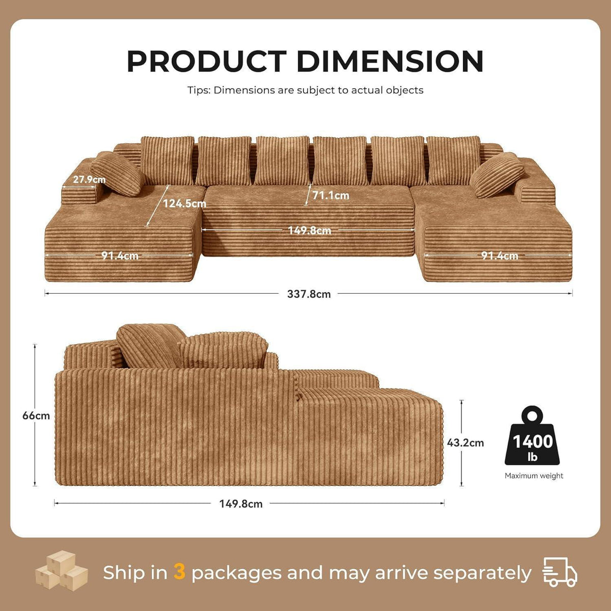 Modulare U-förmige Cloud Couch 3-Sitzer – Bequemes Sofa mit Chaiselongue