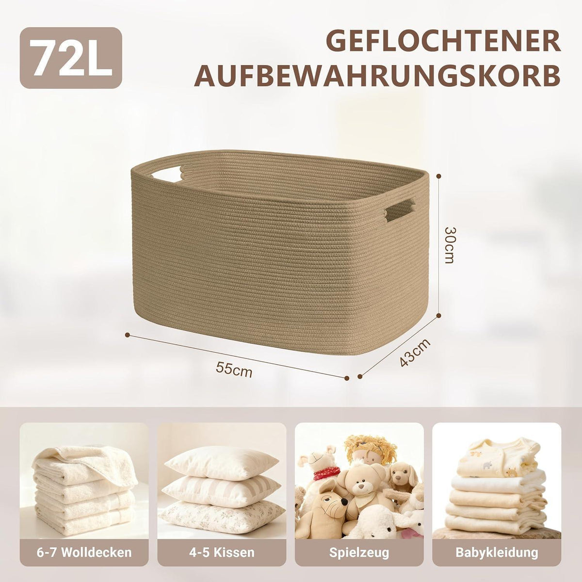 72L Baumwollseil Korb – Boho Wäschekorb für Wohn & Kinderzimmer