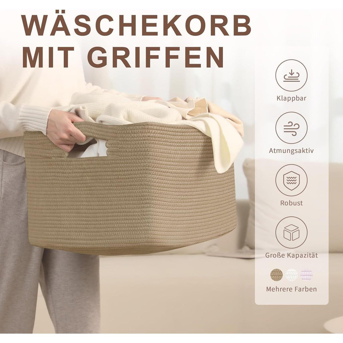 72L Baumwollseil Korb – Boho Wäschekorb für Wohn & Kinderzimmer