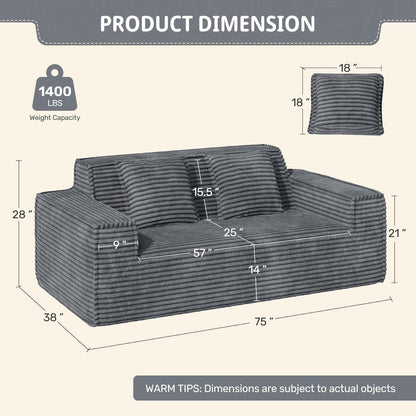 Boneless Cord Sofa mit Schlaffunktion – Modernes Wolkensofa Grau