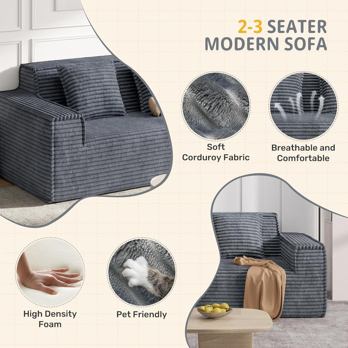 Boneless Cord Sofa mit Schlaffunktion – Modernes Wolkensofa Grau