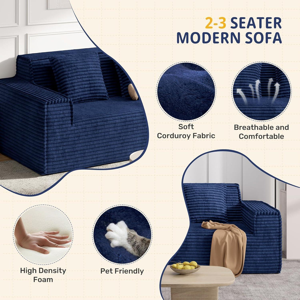 Boneless Cord Sofa mit Schlaffunktion – Modernes Wolkensofa Blau