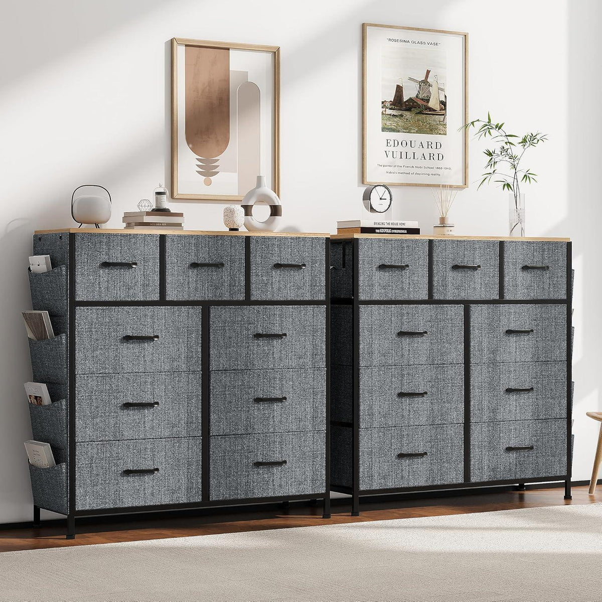Kommode mit 9 Schubladen – Stoff & Metall, Grau