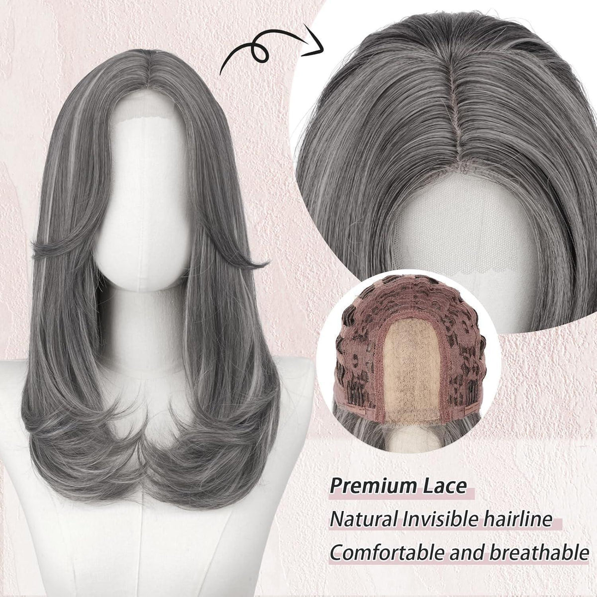 Lange graue Lace Front Perücke mit Pony – Synthetik Haarperücke