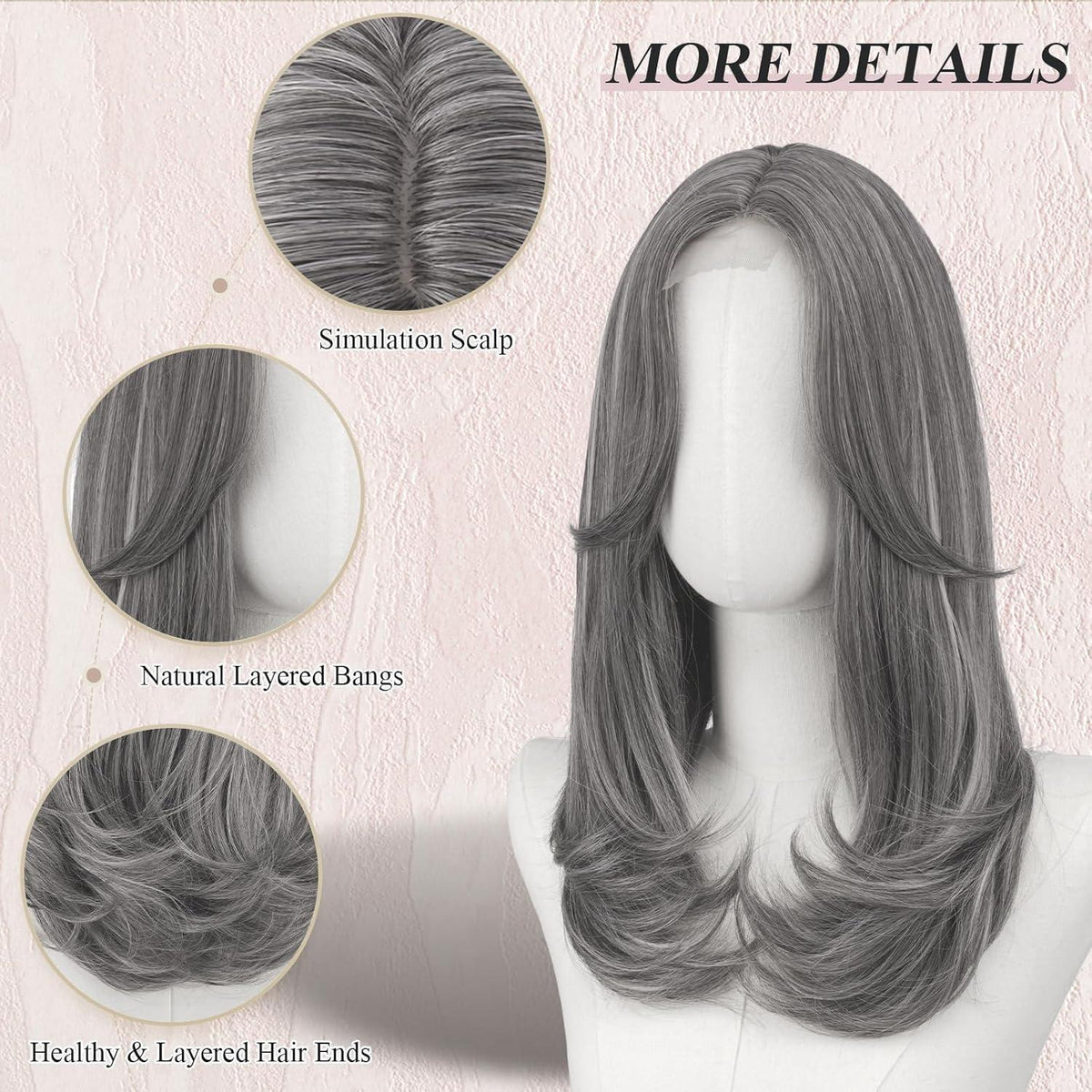 Lange graue Lace Front Perücke mit Pony – Synthetik Haarperücke