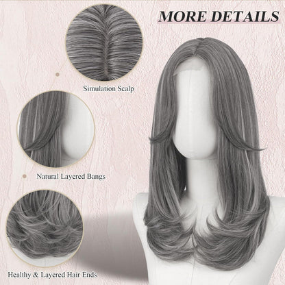 Lange graue Lace Front Perücke mit Pony – Synthetik Haarperücke