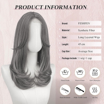 Lange graue Lace Front Perücke mit Pony – Synthetik Haarperücke