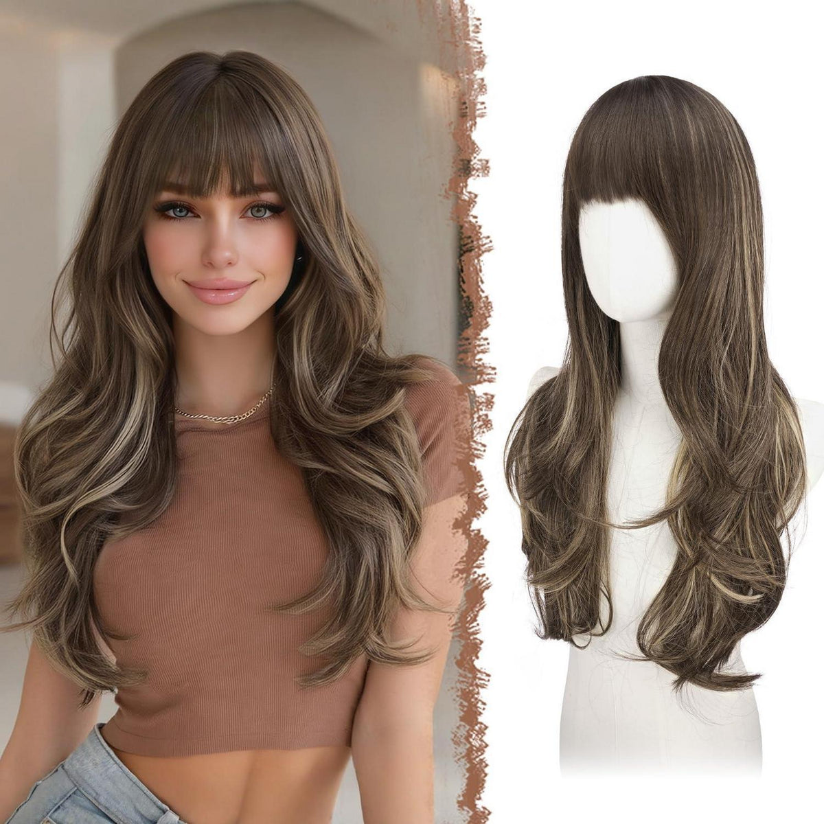 Lange Perücke mit Pony, Ombre Braun Blond, 65cm, Geschichtet