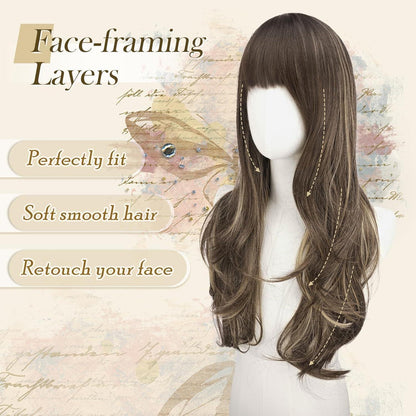 Lange Perücke mit Pony, Ombre Braun Blond, 65cm, Geschichtet