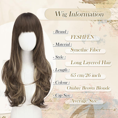 Lange Perücke mit Pony, Ombre Braun Blond, 65cm, Geschichtet
