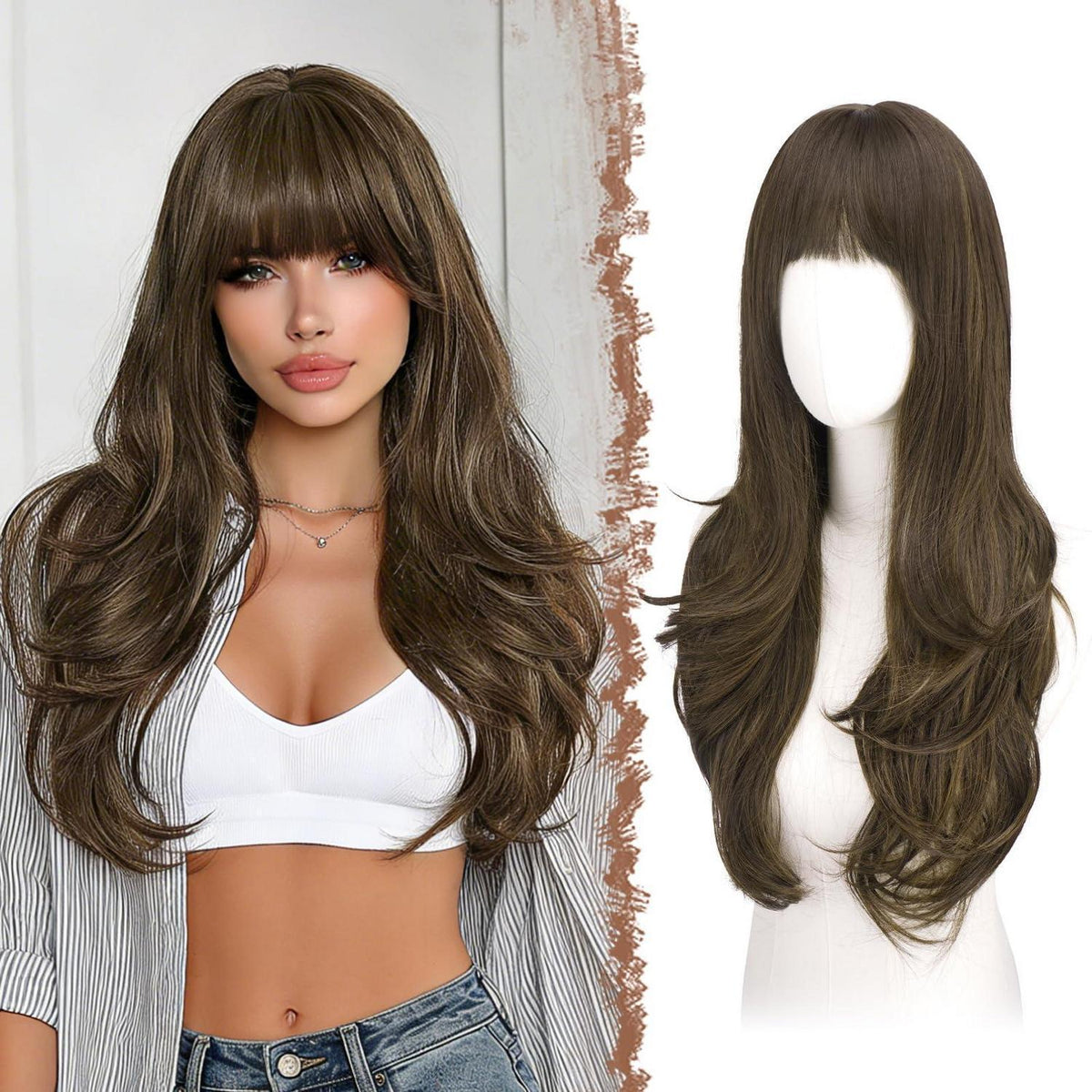 Lange braune Perücke mit Pony & Highlights, 65cm