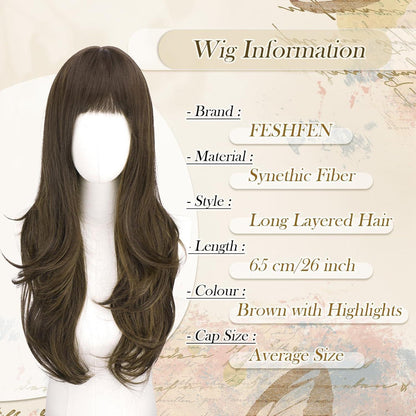 Lange braune Perücke mit Pony & Highlights, 65cm