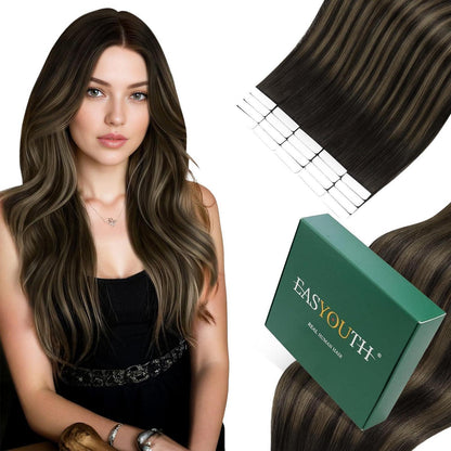 Echthaar Tape Extensions Braun Balayage Ombre 35cm