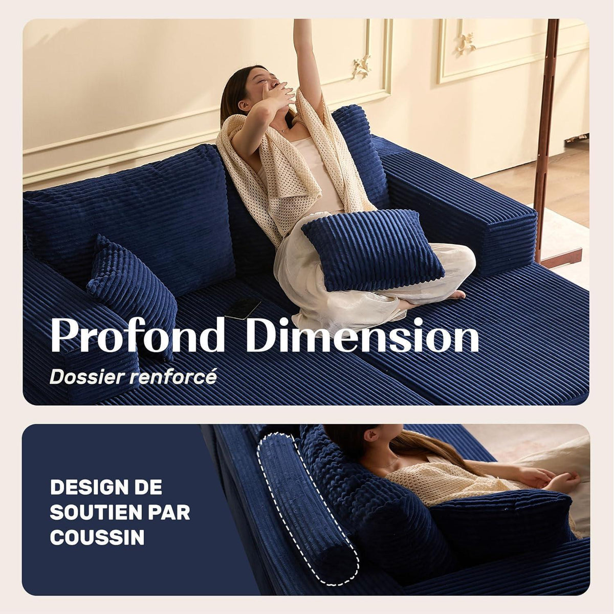 194 cm Modulsofa mit Recamiere & Schlafsofa – Navyblau