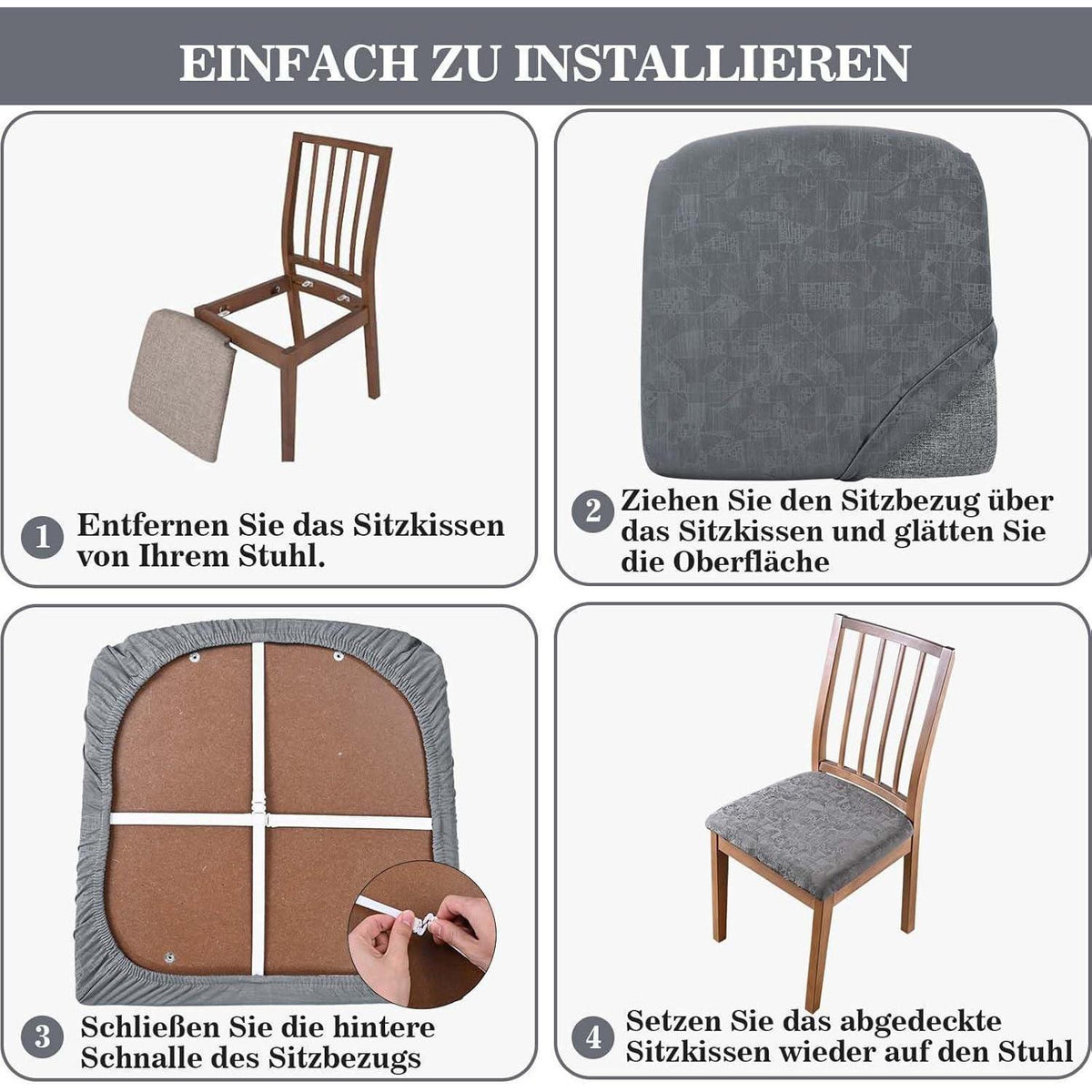 Stretch Stuhlhussen Set Grau – Abnehmbar & Waschbar