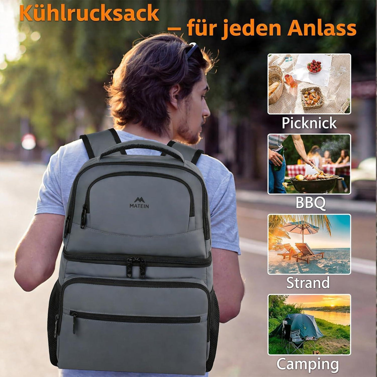 Kühlrucksack 34L – 40 Dosen, Thermo Rucksack für Picknick & Camping