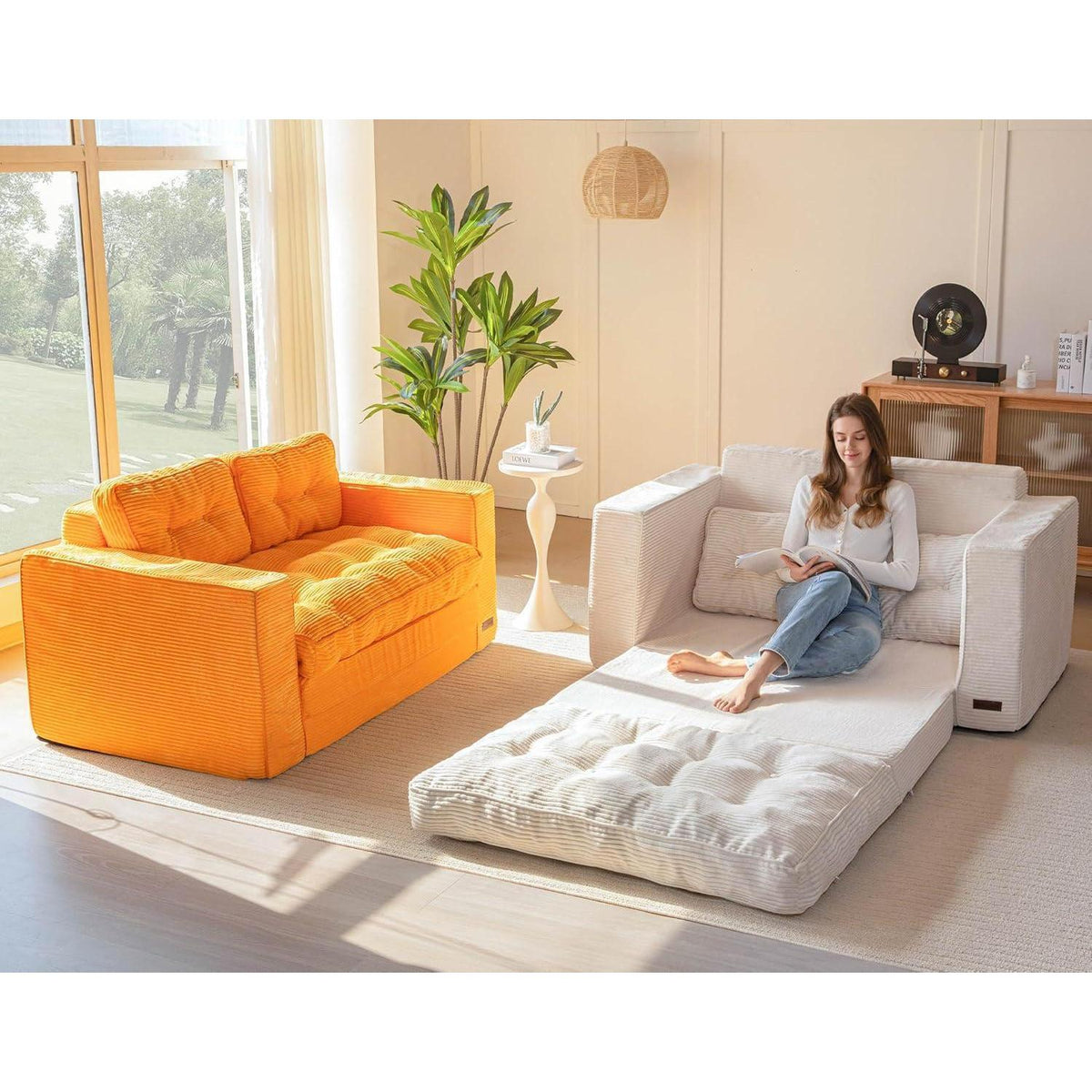 Cremefarbenes Cord Schlafsofa 140cm – 2-Sitzer mit Liegefläche