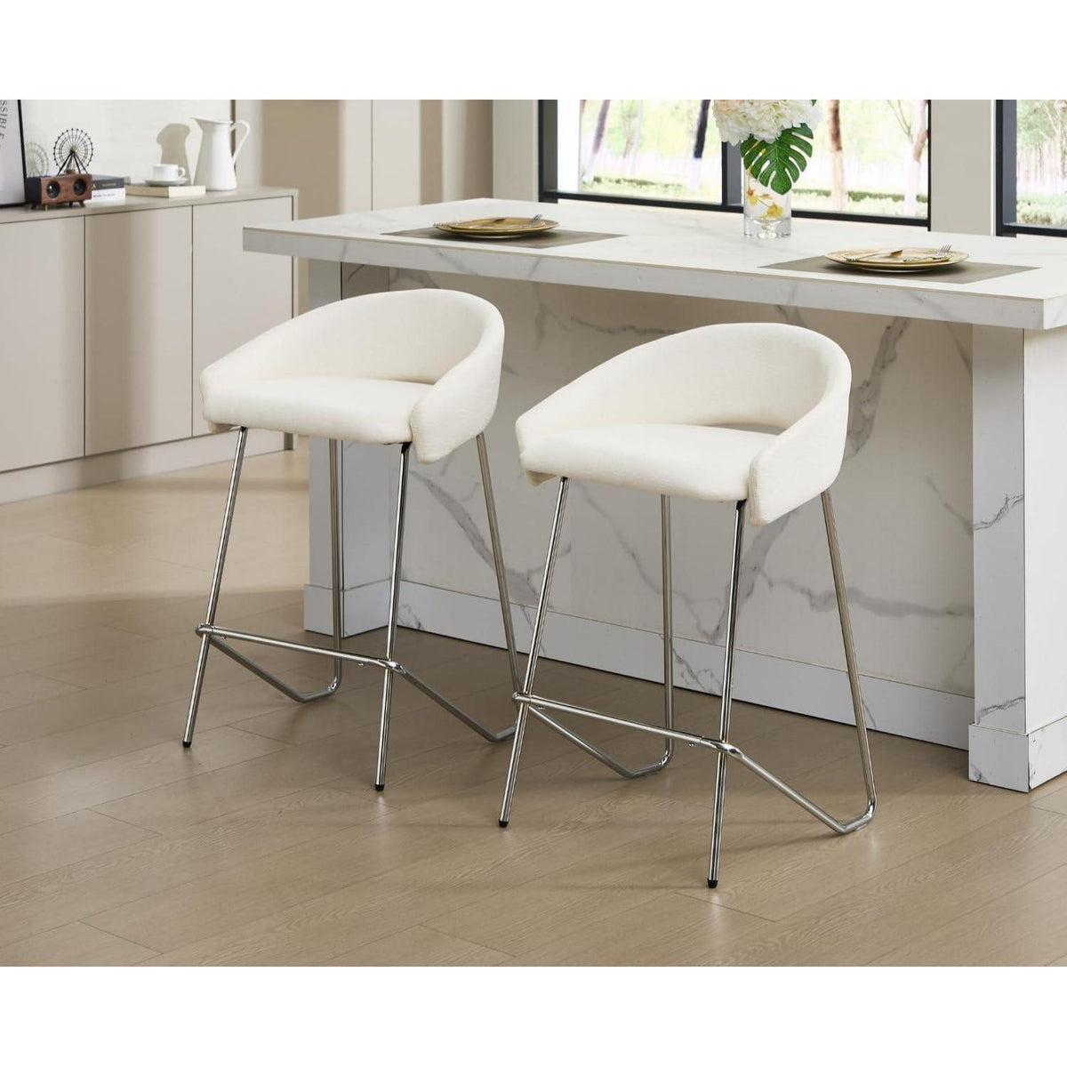 Moderner Barhocker 4er Set mit Chenille-Polsterung, Weiß