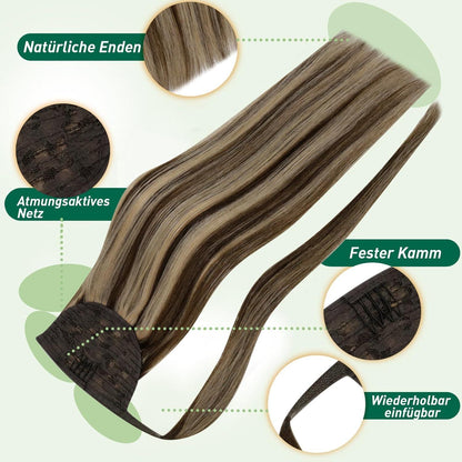 Echthaar Zopf Extension Mittelbraun mit Highlights