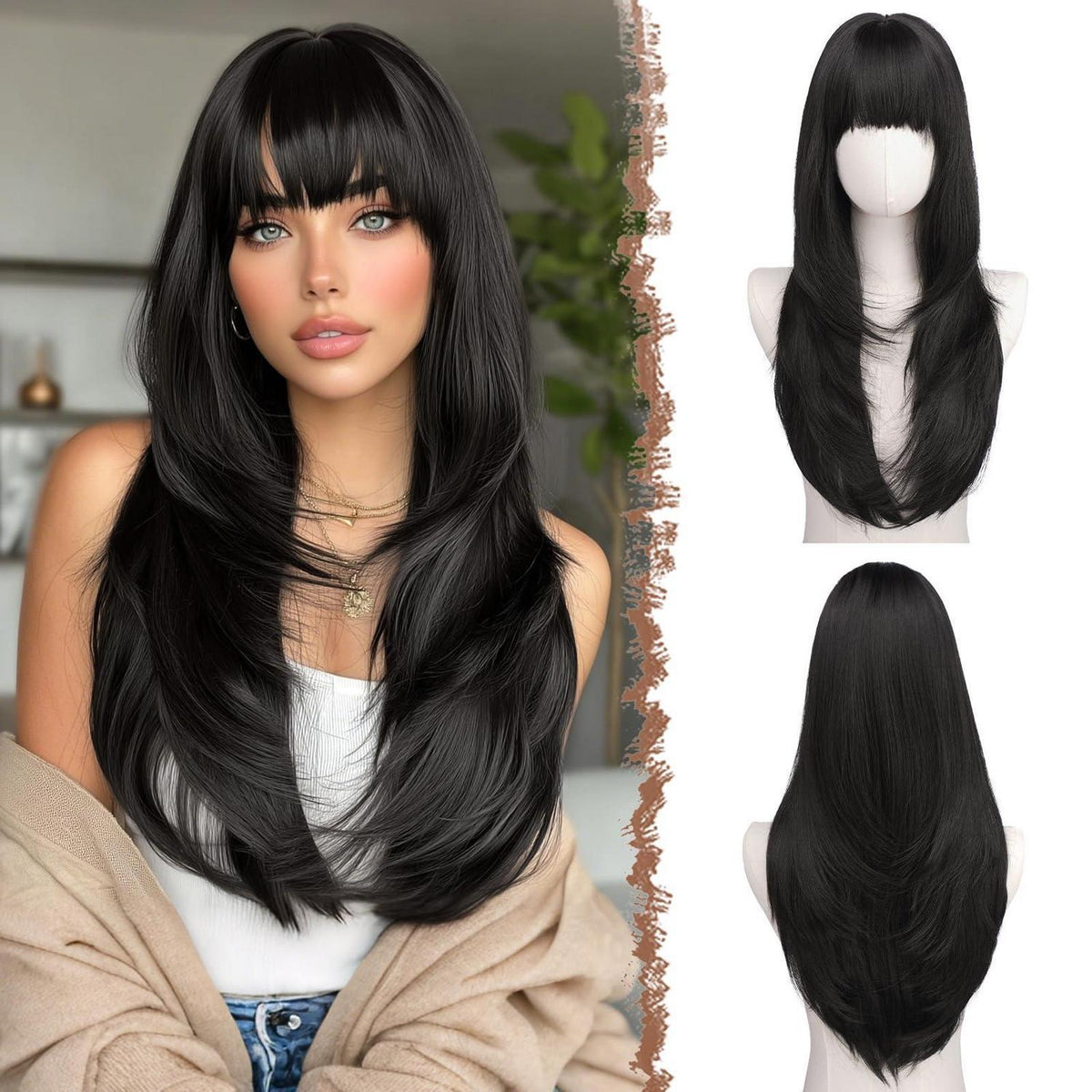 Schwarze Layered Perücke mit Pony, 60cm Synthetik