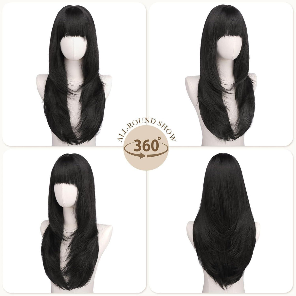 Schwarze Layered Perücke mit Pony, 60cm Synthetik