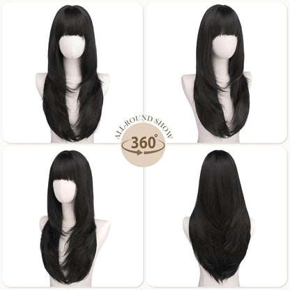 Schwarze Layered Perücke mit Pony, 60cm Synthetik