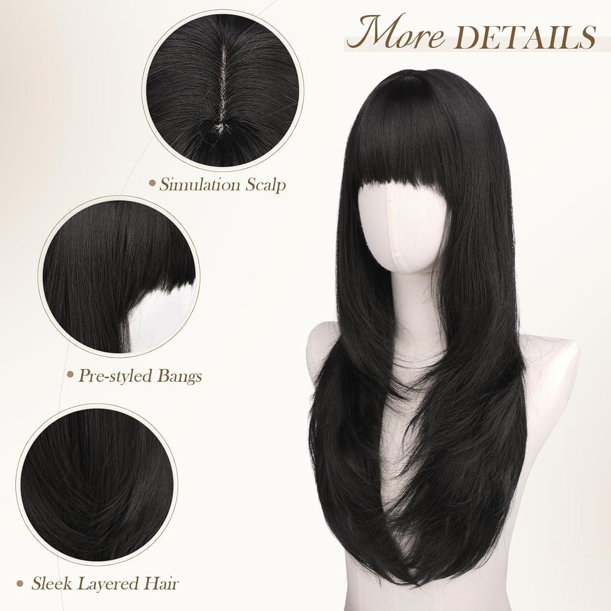 Schwarze Layered Perücke mit Pony, 60cm Synthetik
