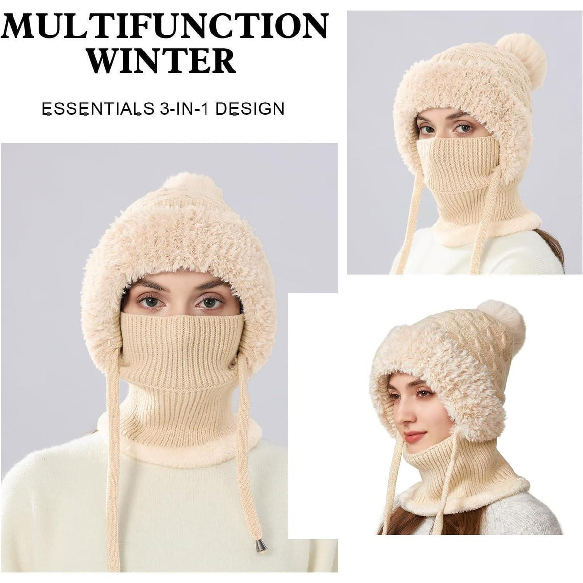 Winter Mütze Damen mit Schal & Gesichtsmaske - Warme Beanie mit Fleece