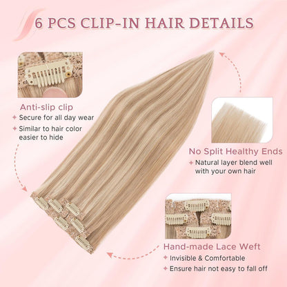 Echthaar Clip-in Extensions – Weissbraun/Hellblond #12p613, 35cm