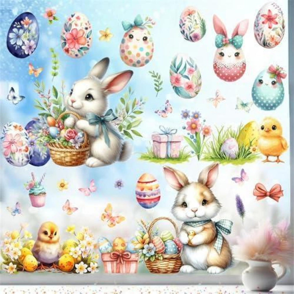 Fensteraufkleber Ostern – Wiederverwendbare Hasen & Ostereier Deko