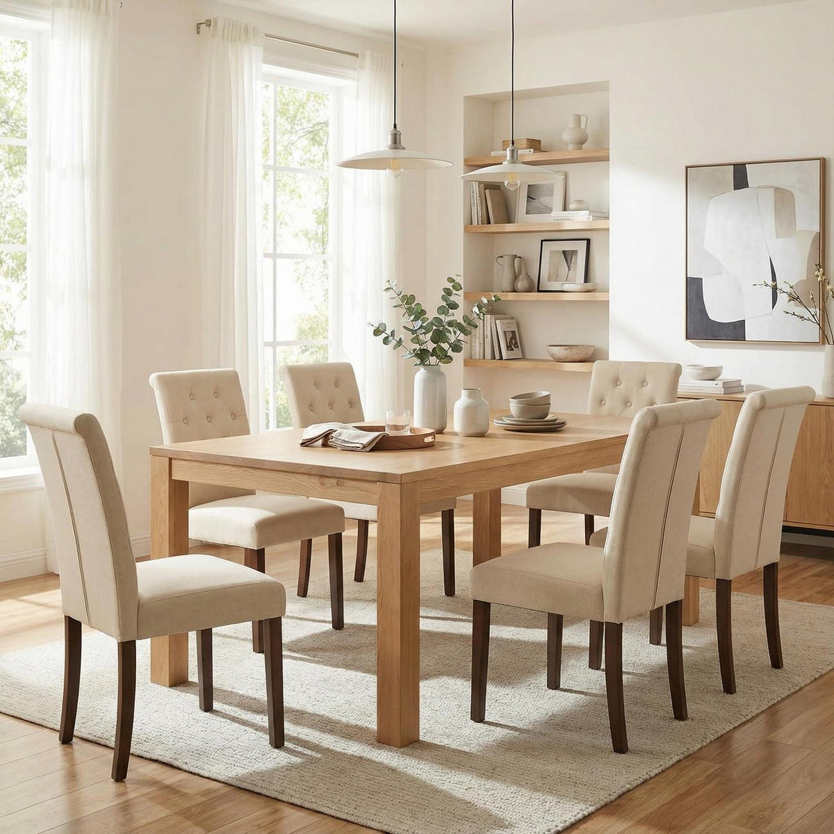 Gepolsterte Esszimmerstühle 6er Set, Beige, Chesterfield Stil