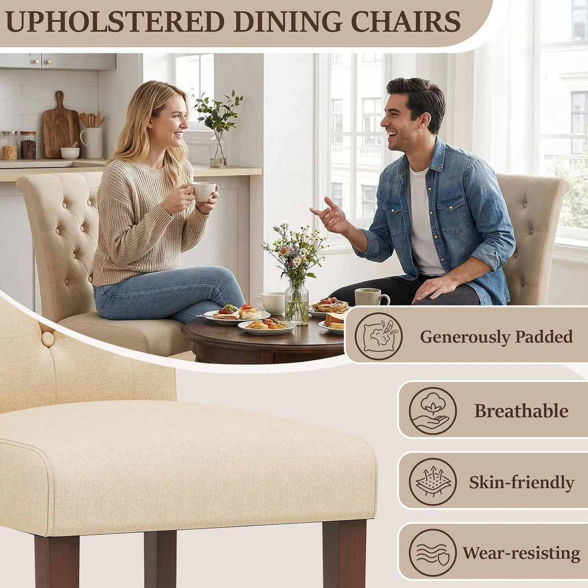 Gepolsterte Esszimmerstühle 6er Set, Beige, Chesterfield Stil