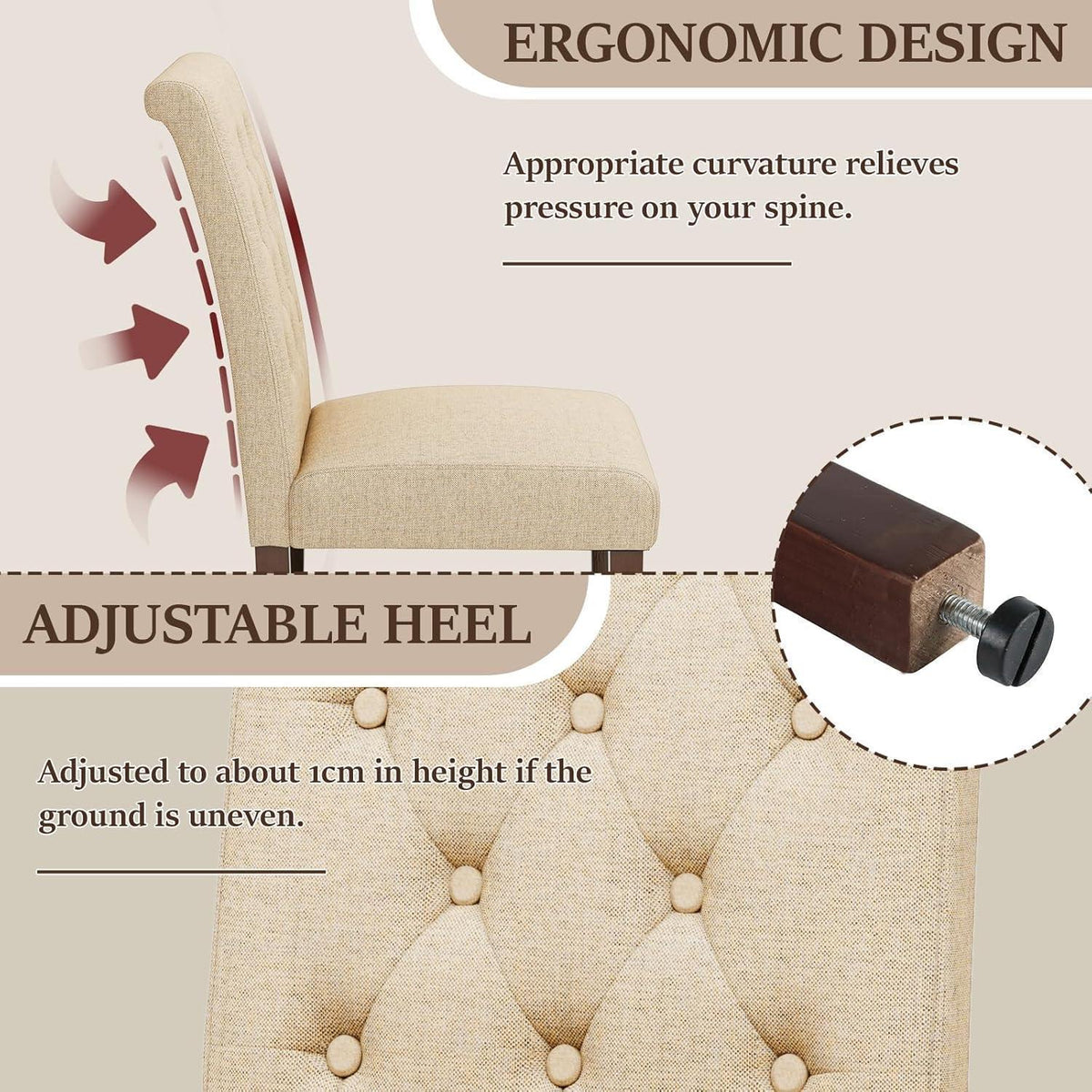 Gepolsterte Esszimmerstühle 6er Set, Beige, Chesterfield Stil
