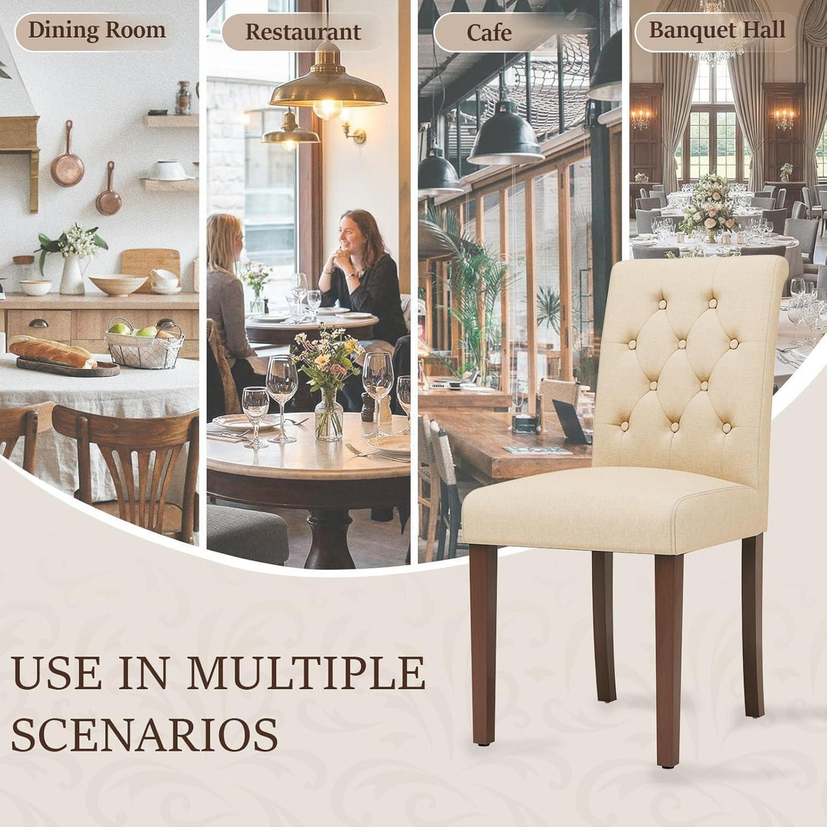 Gepolsterte Esszimmerstühle 6er Set, Beige, Chesterfield Stil