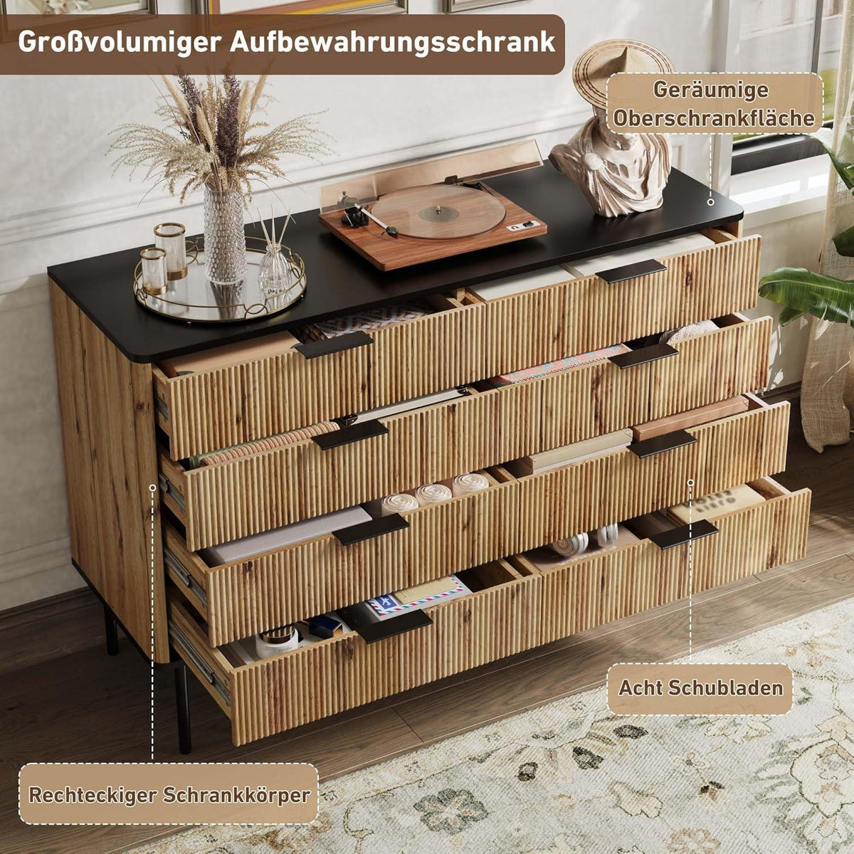 Modernes Sideboard mit 8 Türen & Schubladen – Schwarz & Holz
