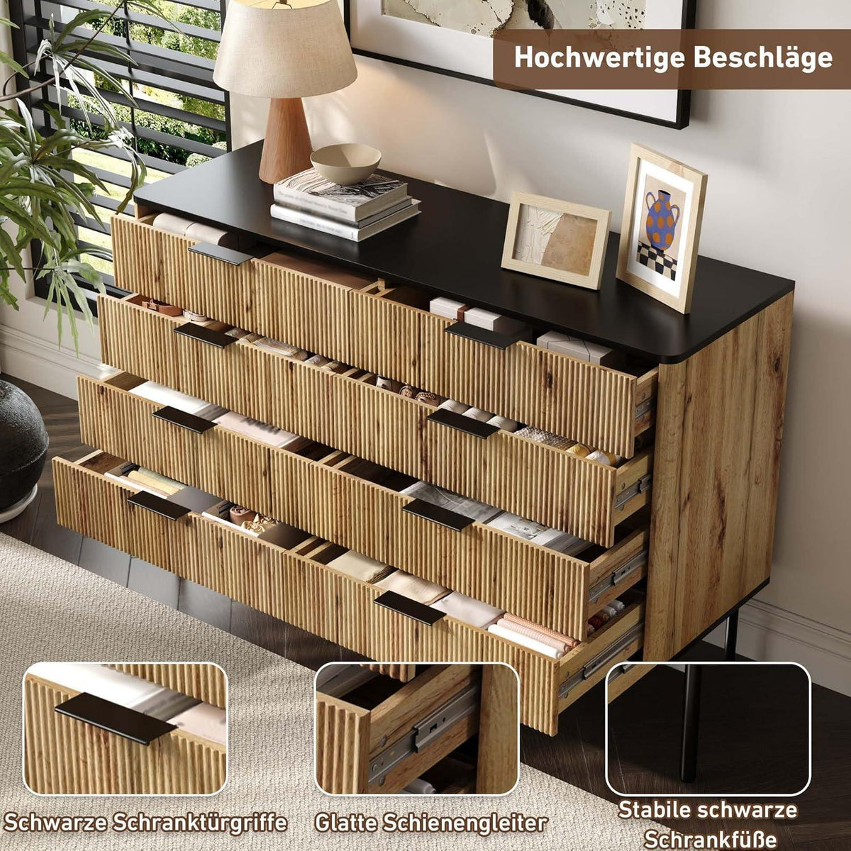 Modernes Sideboard mit 8 Türen & Schubladen – Schwarz & Holz