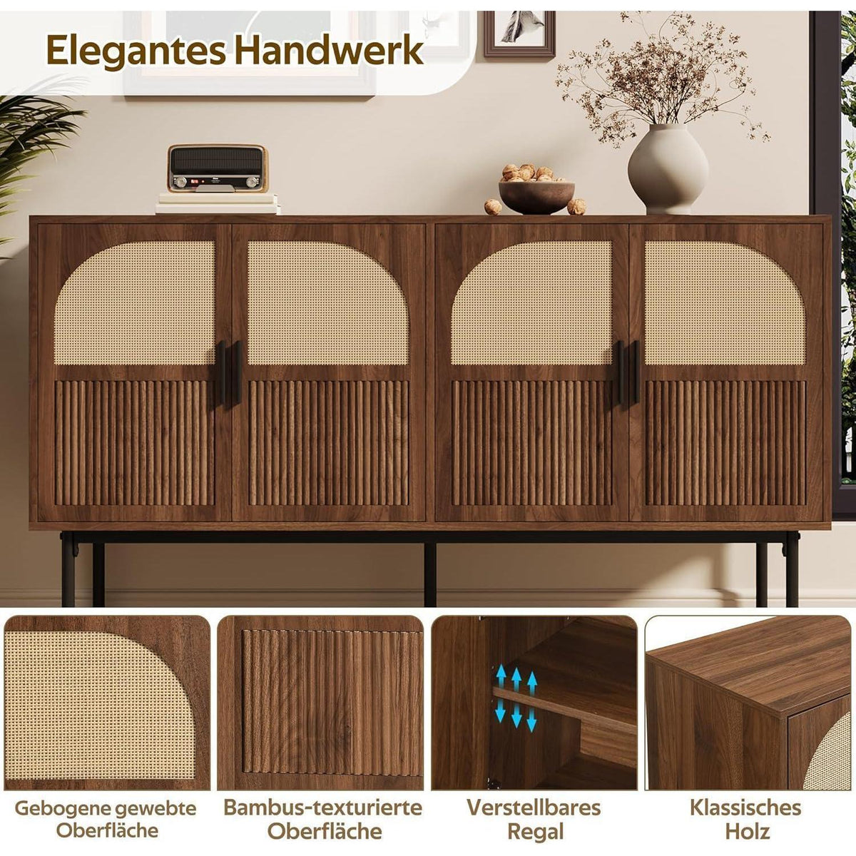 Sideboard mit 4 Türen & Stauraum – 140x40x80cm Holzoptik